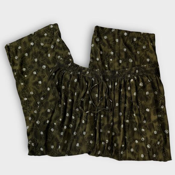 FREESTYLE BOHO DRAWSTRING PANTS OLIVE GREEN WHITE PRINT SIZE 2X ELASTIC WAIST - Picture 3 of 8